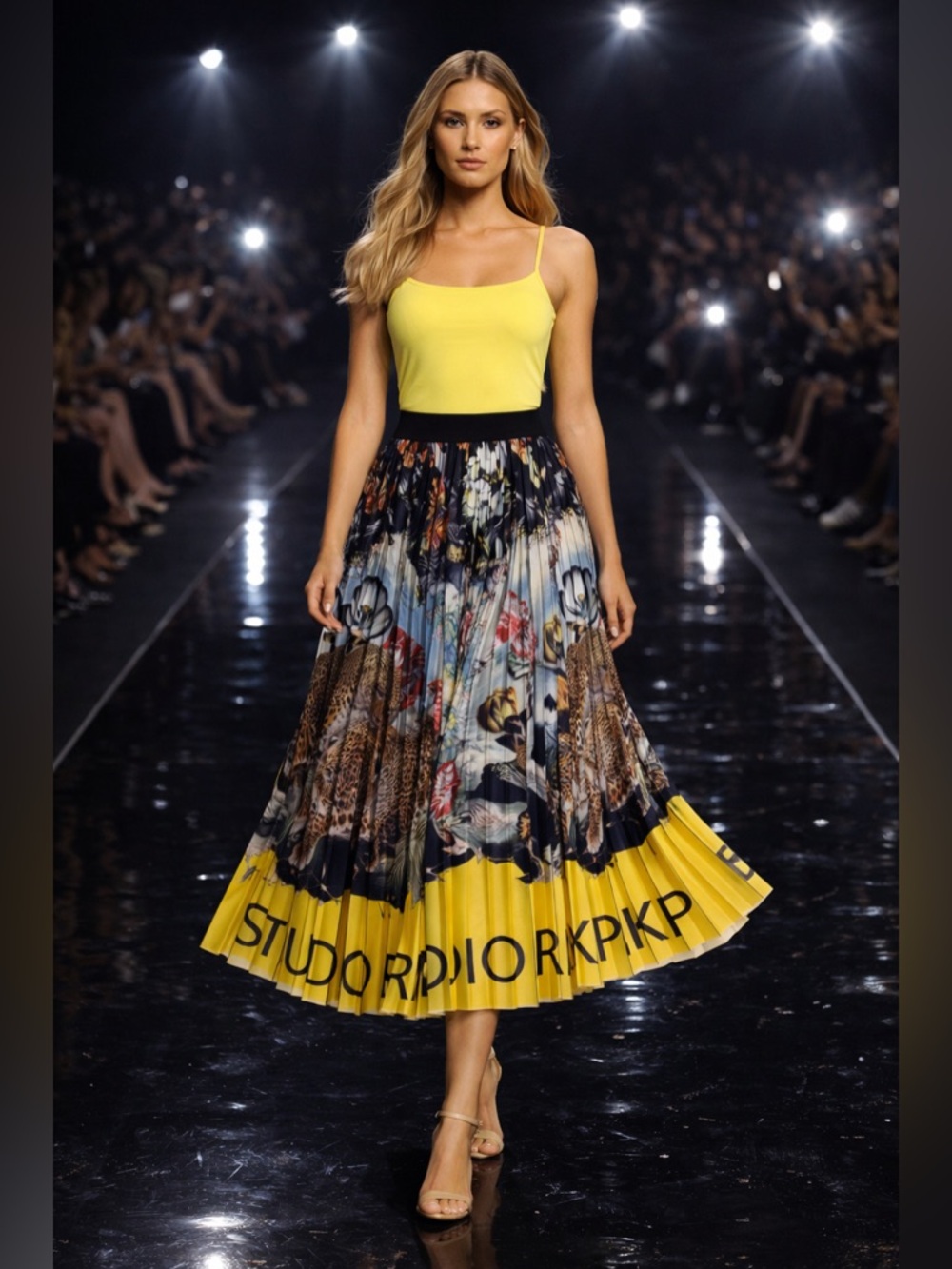 Pleated Floral & Leopard Print Midi Skirt in Yellow